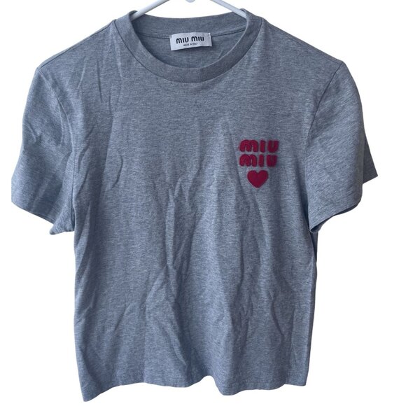 Miu Miu Womens Grey Cotton T-Shirt With Red Logo & Heart Embroidery Made In Ital - Picture 1 of 8